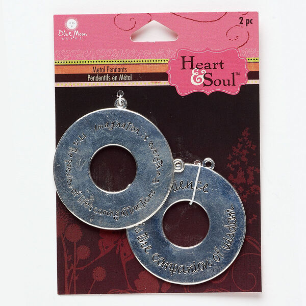 Focal, antique silver-finished "pewter" (zinc-based alloy), 41mm round donut with "imagination is everything it's the preview of life's coming attractions" and "patience is the companion of wisdom." Sold per pkg of 2. image number 0
