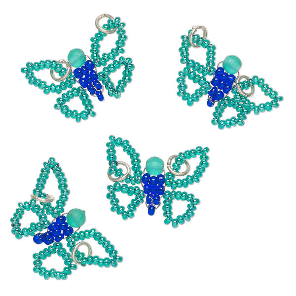 Link, "pewter" (zinc-based alloy) and glass, pkg/4, 25x15mm butterfly, silver finish / blue / teal. image number 0