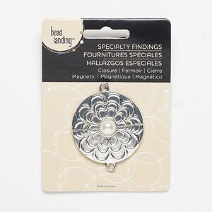 Clasp, magnetic, acrylic and silver-finished "pewter" (zinc-based alloy), white, 39mm round with flower design. Sold individually.