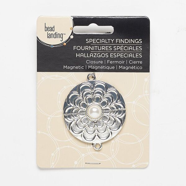 Clasp, magnetic, acrylic and silver-finished "pewter" (zinc-based alloy), white, 39mm round with flower design. Sold individually. image number 0
