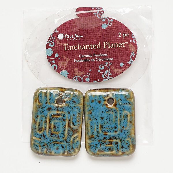 Focal, porcelain, honey and dark aqua, 34x25mm rectangle. Pkg/2. image number 0