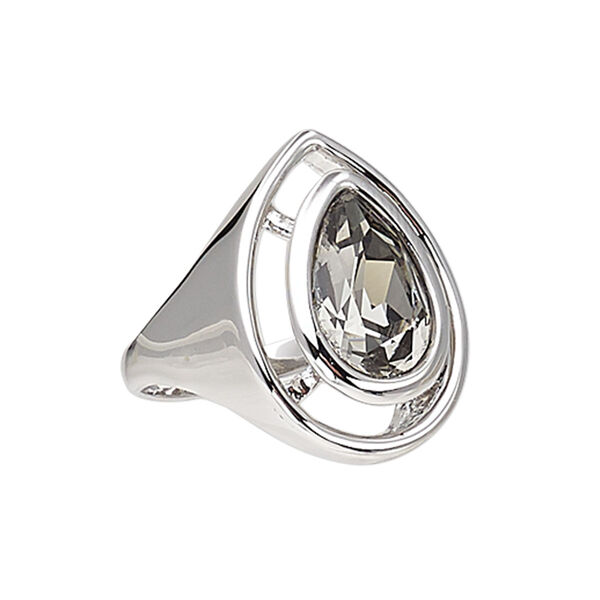 Ring, crystals and rhodium-plated "pewter" (zinc-based alloy), peridot, 25x21mm teardrop, size 8. Sold individually. image number 0