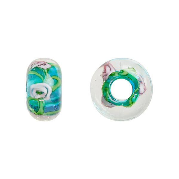 Bead, lampworked glass, opaque teal and multicolored, 16x9mm rondelle with rose. Sold per pkg of 4. image number 0