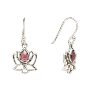 Earring, Create Compliments®, antiqued sterling silver and garnet (natural), fishhook, 26.5mm with 12mm single-sided open lotus, 21 gauge. Sold per pair.