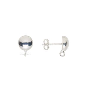 Earstud 1pkg2 sterling silver, 8mm half-ball / open loop / earnuts, 1 pair