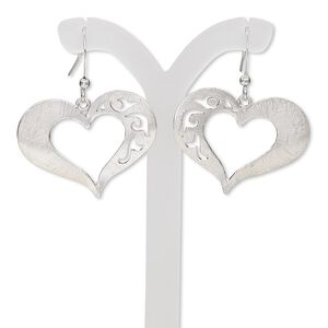 Earring, imitation rhodium-finished steel and brass, 38mm with brushed open heart and cutout design with fishhook ear wire. Sold per pair.