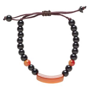 Black agate / red agate / glass / waxed cotton 1pkg1, curved rectangle bracelet adjustable 5-7.5 inch 10mm