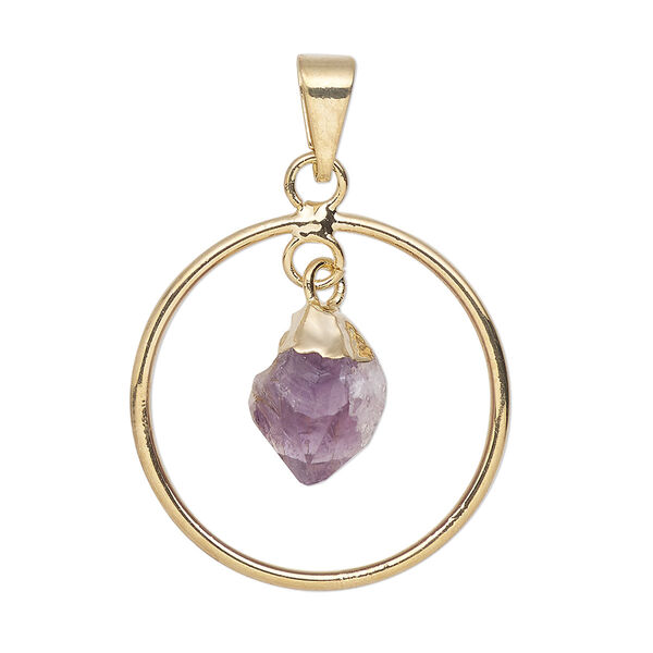 Pendant, Everyday Jewelry, gold-plated brass and amethyst (natural), 30x25mm-32x27mm open round. Sold individually. image number 0
