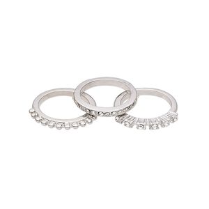 Ring, glass rhinestone and imitation rhodium-finished "pewter" (zinc-based alloy), clear, 3mm wide, size 8. Sold per 3-piece set.