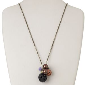 Necklace, acrylic with antique brass-finished steel and "pewter" (zinc-based alloy), multicolored, 10-22mm round, 32 inches with lobster claw clasp. Sold individually.