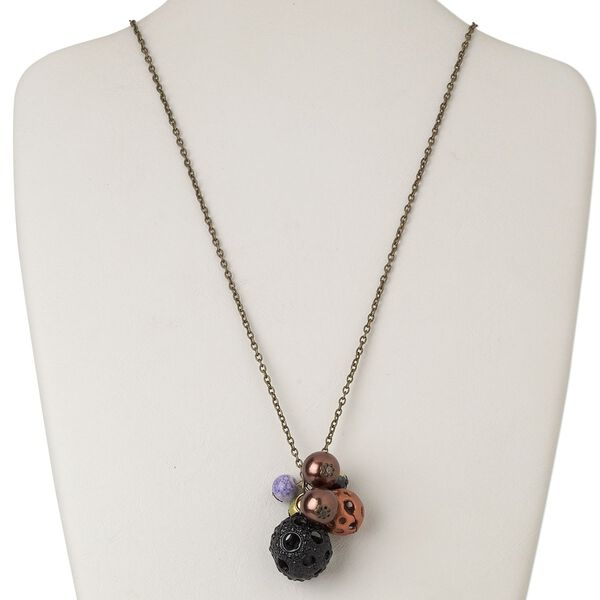 Necklace, acrylic with antique brass-finished steel and "pewter" (zinc-based alloy), multicolored, 10-22mm round, 32 inches with lobster claw clasp. Sold individually. image number 0