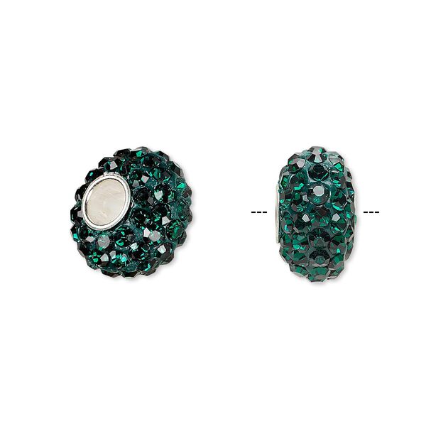 Bead, Dione®, Czech glass rhinestone / epoxy / sterling silver grommets, green, 14x8mm rondelle, 4.5mm hole. Sold individually. image number 0