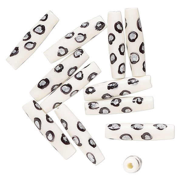 Bead, bone (dyed), white / black / silver, -24x7mm-25.5x8mm hand-painted tube with spotted design. Sold per pkg of 12. image number 0