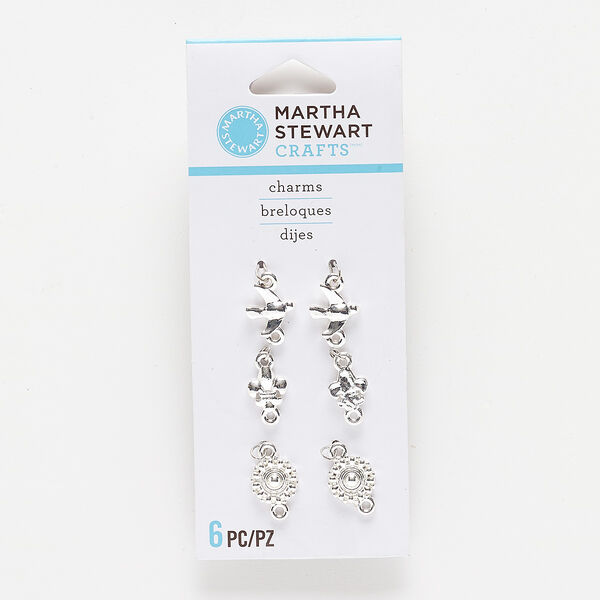 Link, silver-finished "pewter" (zinc-based alloy), 8x8mm fleur-de-lis / 9mm round / 10x8mm bird. Sold per pkg of 6. image number 0