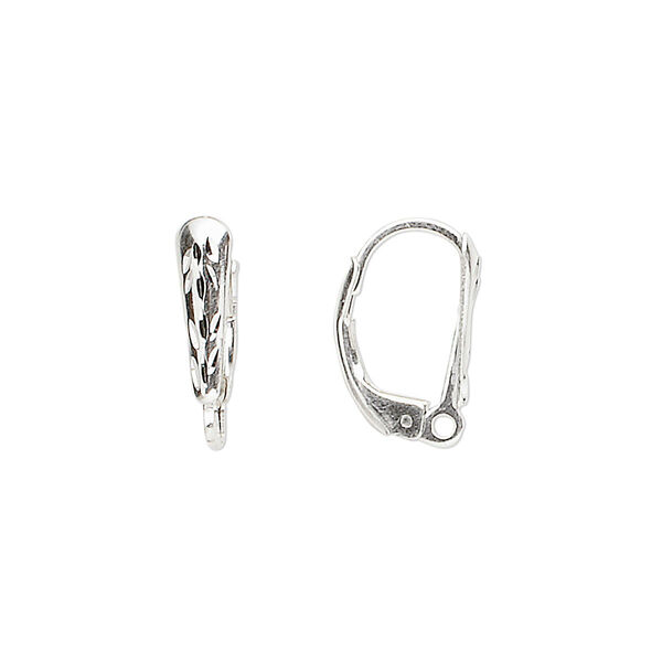 Ear wire, sterling silver, 16mm leverback with 11x3mm diamond-cut shield and closed loop. Sold per pair. image number 0