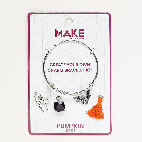 Bracelet and charm assortment, antique silver-finished brass / fabric / glass, orange and black, Pumpkin theme, 7-1/2 inches. Sold per 5-piece set. image number 0