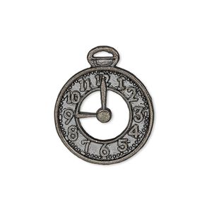 Charm, gunmetal-plated "pewter" (zinc-based alloy), 25x21mm single-sided pocket watch face. Sold per pkg of 10.