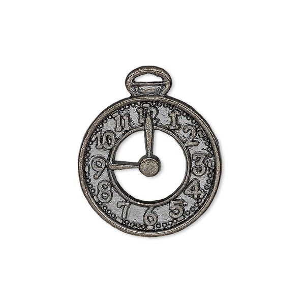 Charm, gunmetal-plated "pewter" (zinc-based alloy), 25x21mm single-sided pocket watch face. Sold per pkg of 10. image number 0
