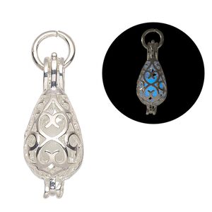 Drop, silver-finished "pewter" (zinc-based alloy) and polystyrene, white glow-in-the-dark, 30x12mm teardrop. Sold per pkg of 2.