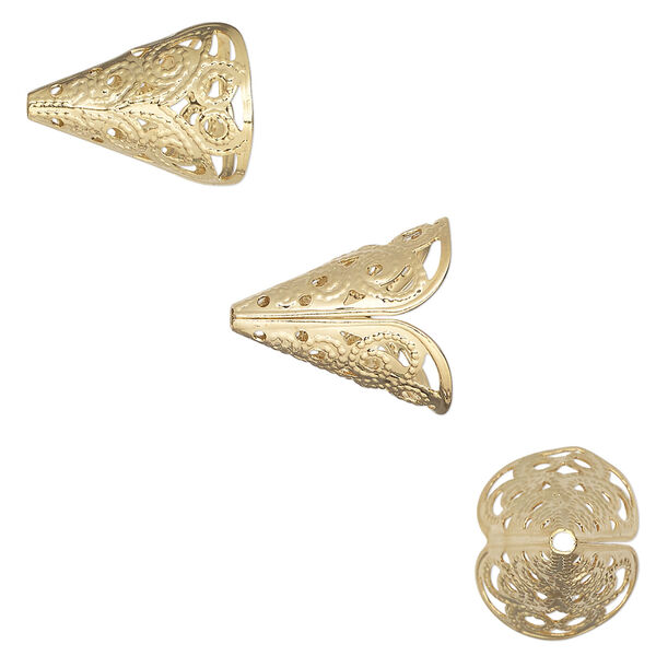 Cone 1pkg100 gold-plated brass, 16x15mm fancy filigree, 13x10mm inside diameter. image number 0