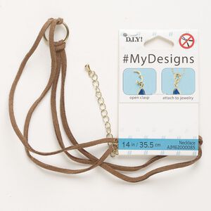 Necklace, choker, steel / leather / suede, pkg/14 inches, gold finish and brown, 16mm open round / lobster claw clasp / 3-inch extender chain.