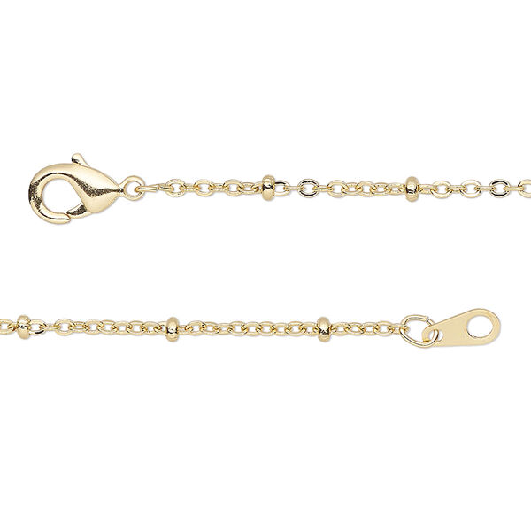 Chain, gold-finished brass, 1.5mm cable and 2x1mm rondelle, 18 inches with lobster claw clasp. Sold individually. image number 0