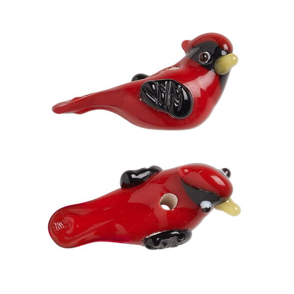 Bead, lampworked glass, multicolored, 28x17mm-31x17mm cardinal with folded wings. Sold per pkg of 2. image number 0