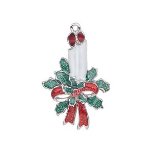 Charm, silver-plated "pewter" (zinc-based alloy) and enamel, white / green / red, 29x19.5mm single-sided candles with holly and bow. Sold individually.