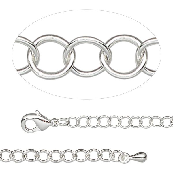 Chain, silver-plated steel and brass, 3.5mm round cable, 7-1/2 inches with 2-inch extender chain and lobster claw clasp. Sold individually. image number 0
