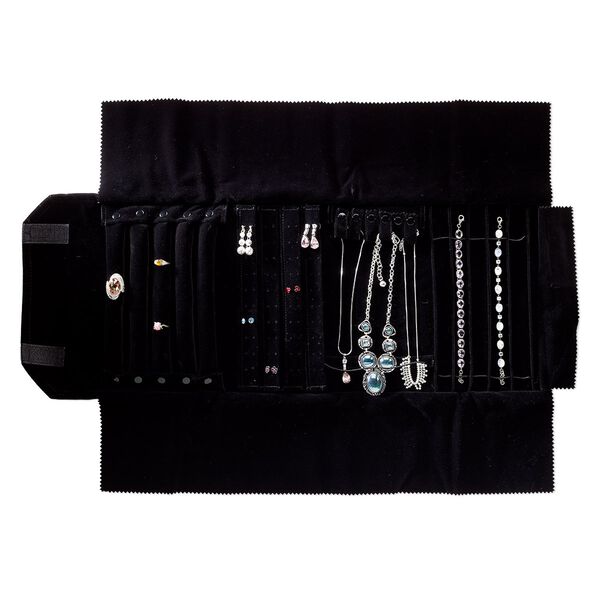 Jewelry roll, velveteen, black, 25-3/4 x 10 inches with Velcro closure, 10x5x2 inches rolled. Sold individually. image number 0