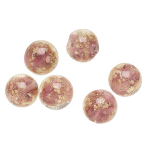 Bead, lampworked glass, clear / purple / glow-in-the-dark / gold, 10mm round. Sold per pkg of 6.