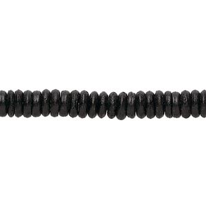 Bead, bone (dyed), black, 5x2mm rondelle, Mohs hardness 2-1/2. Sold per 15-1/2" to 16" strand.