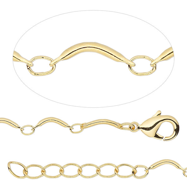 Chain, gold-finished brass, 0.5mm curved bar and link, 18 inches with lobster claw clasp and 1-1/4 inch extender chain. Sold individually. image number 0