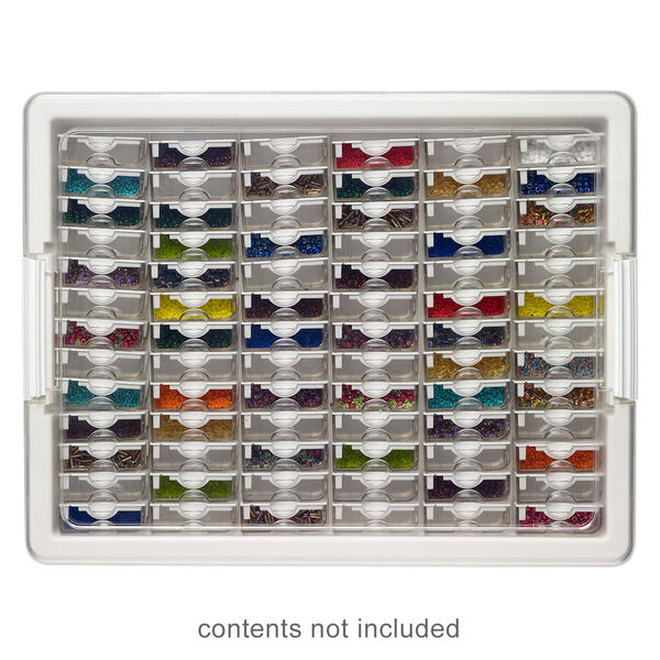 Organizer, Tiny Containers Tray™, Bead Storage Solutions™, plastic, clear and opaque off-white, 13-3/4 x 10-1/2 x 2 inches with (78) 2 x 1-1/8 x 3/4 inch containers. Sold per 82-piece set. image number 0