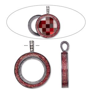 Pendant, Almost Instant Jewelry®, epoxy / crystals / gunmetal-finished "pewter" (zinc-based alloy), rose pink and crystal clear with glitter, 45x35mm single-sided with 30mm round setting. Sold individually.