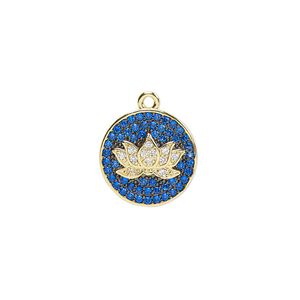 Drop, cubic zirconia and gold-finished brass, blue and clear, 14.5mm single-sided round with lotus flower design. Sold individually.