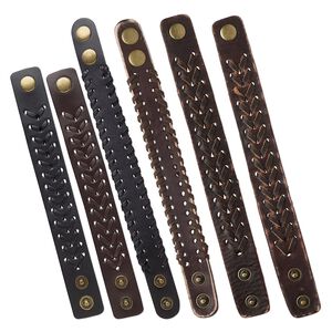 Bracelet mix, leather (dyed) and brass-plated steel, brown and black, 22mm wide, adjustable at 6 and 8 inches with snap closure. Sold per pkg of 3.