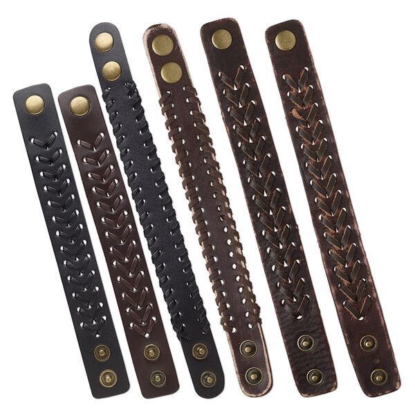 Bracelet mix, leather (dyed) and brass-plated steel, brown and black, 22mm wide, adjustable at 6 and 8 inches with snap closure. Sold per pkg of 3. image number 0