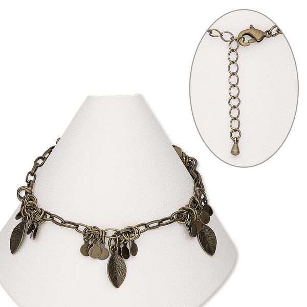 Bracelet, antique brass-finished steel and brass, 3mm wide with leaf, 7 inches with 2-1/2 inch extender chain and lobster claw clasp. Sold individually. image number 0