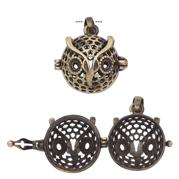 Drop, antique brass-finished "pewter" (zinc-based alloy), 18x17mm round bead cage with owl design and safety latch, (2) SS16 flat back settings, fits up to 14mm bead. Sold individually. image number 0