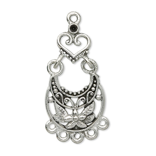 Focal, antique silver-plated pewter (tin-based alloy), 31x17mm floral teardrop with heart and 6 loops, fits (1) PP11. Sold per pkg of 2. image number 0