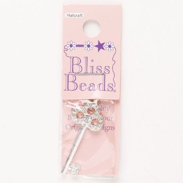 Charm, "pewter" (zinc-based alloy) and glass, pkg/1, silver finish and clear, 34x15mm single-sided key. image number 0
