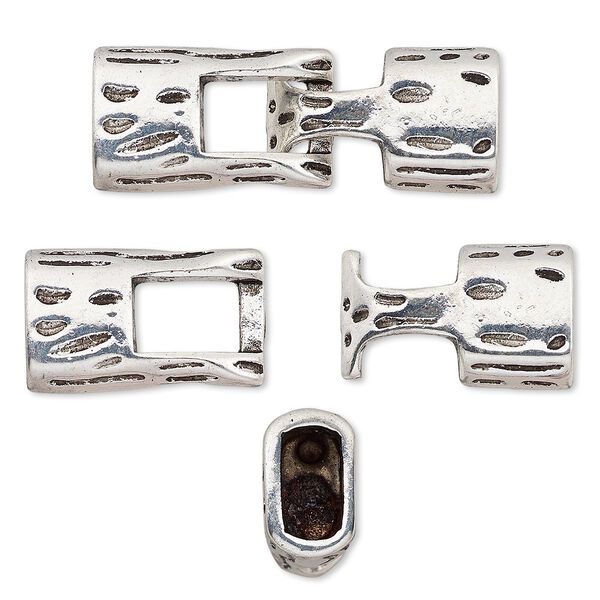 Clasp, hook, antique silver-plated "pewter" (zinc-based alloy), 39x14mm textured with glue-in ends, 10x5.5mm hole. Sold individually. image number 0