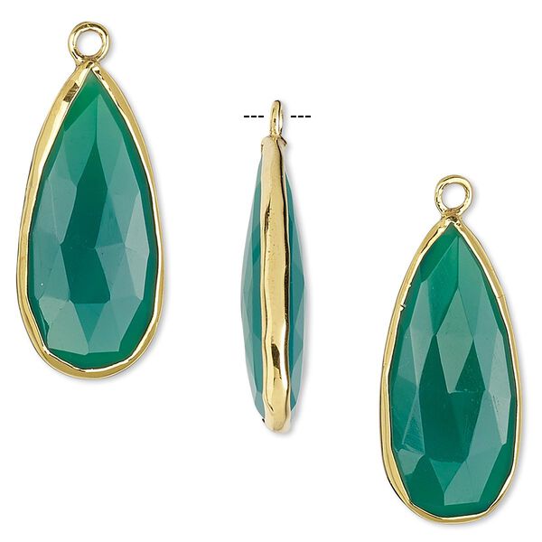 Drop, green onyx (dyed) and gold-finished sterling silver, 27x12mm double-sided faceted teardrop. Sold per pkg of 2. image number 0