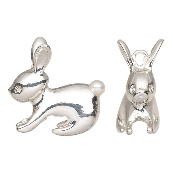 Charm, acrylic / glass / silver-finished pewter (tin-based alloy), white, 24.5mm 3D rabbit. Sold per pkg of 2. image number 0
