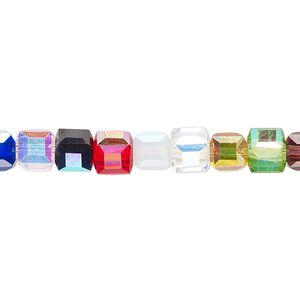 Bead 1pk 18 facets opaque to transparent multicolored AB, Celestial Crystal® 6mm cube 15.5-16 inch