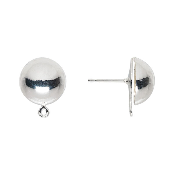 Earring, silver-plated steel, 12mm half ball with closed loop. Sold per pkg of 50 pairs. image number 0