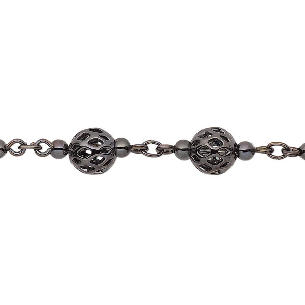 Chain, gunmetal-plated brass, 6mm beaded filigree. Sold per pkg of 5 feet. image number 0