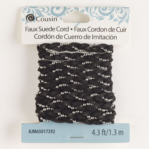 Cord, silver-finished steel and faux suede, black, 6mm braided. Sold per pkg of 1.3 meters. image number 0