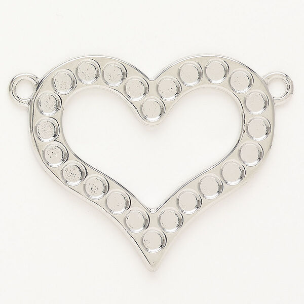 Focal, brass, pkg/1, 36x32mm heart with two loops and 3mm round settings, silver finish. image number 0